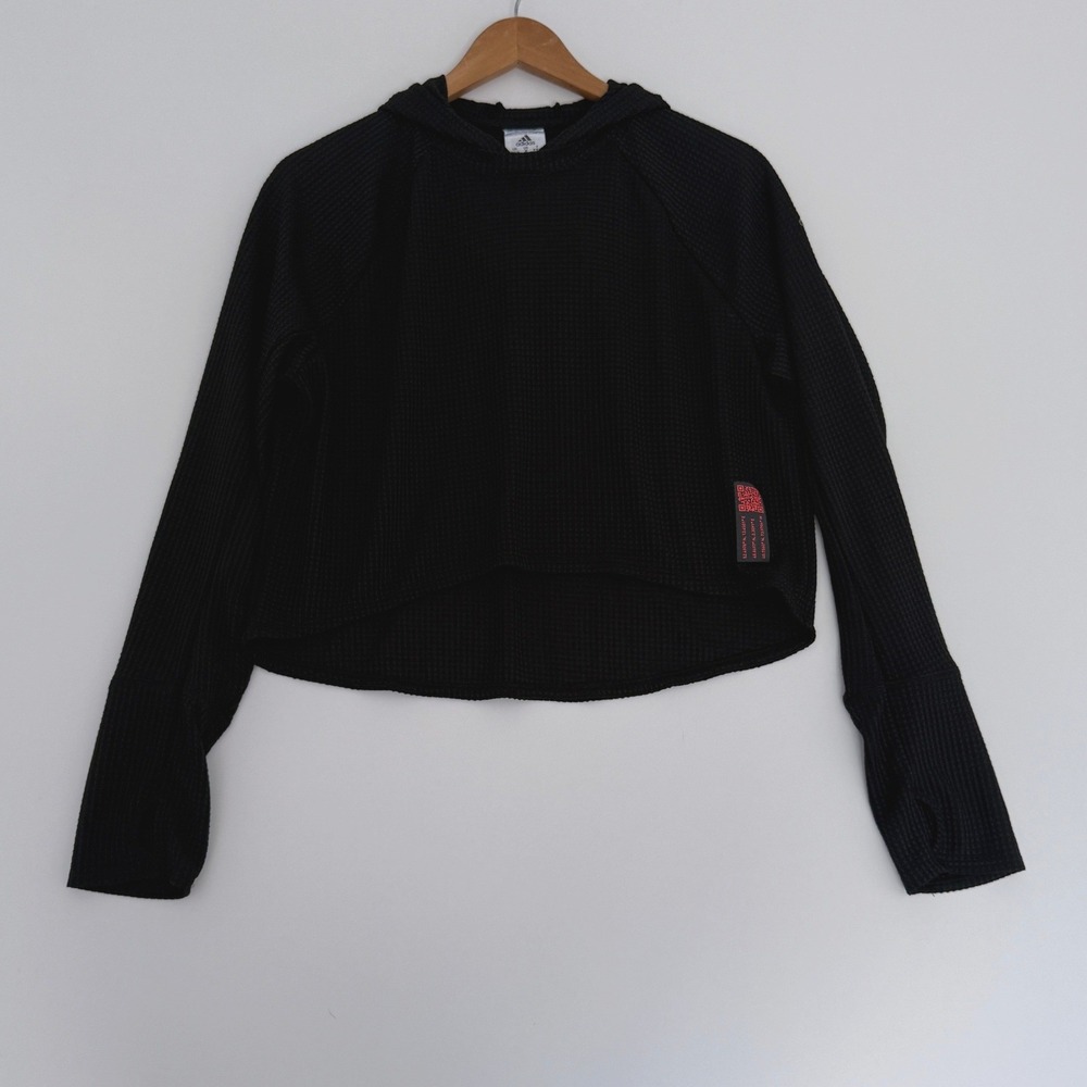 Adidas Waffle Knit Hoodie Womens M Black High Low Thumbholes Graphic